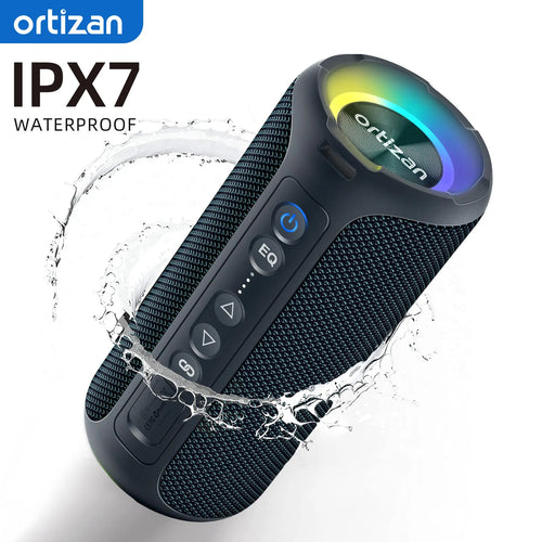 Ortizan waterproof Bluetooth speaker with water splashes on a white background