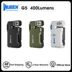 Three Wuben G5 flashlights in black, green, and white on a white background with branding and product details.