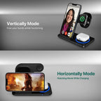 Multi-device charging station with smartphone, smartwatch, and wireless earbuds on a gray background.