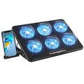 Laptop cooling pad with six blue LED fans and a smartphone on a white background