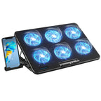 Laptop cooling pad with six blue LED fans and a smartphone on a white background