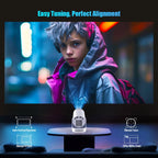 Person in futuristic outfit with a device on a table, set against a blurred cityscape.