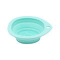 Collapsible silicone strainer in light blue on a white background