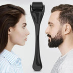 Black derma roller between two people, one with hair and the other with a beard.