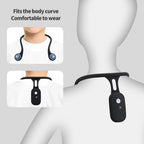 Necklace-like device worn around the neck with text indicating comfort and fit.