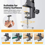 Padded clamp with text indicating suitability for various surfaces and thicknesses.