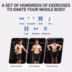 Illustration of a man performing exercises targeting different body parts with text and icons.