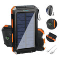 Solar-powered device with solar panel, carabiner, flashlight, and cable on a white background