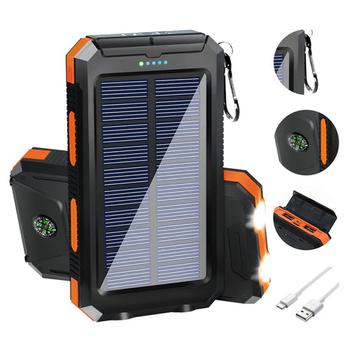 Solar-powered device with solar panel, carabiner, flashlight, and cable on a white background