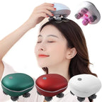 Woman using a handheld massager on her head with additional massagers displayed around her.