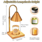 Gold adjustable lampshade with wooden base and candle holder, showing dimensions and candle compatibility.