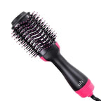 Black and pink hair styling brush on a white background