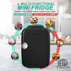 Black mini fridge with temperature range display on a kitchen background