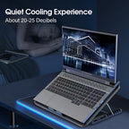Laptop on a stand with a person sleeping in the background, emphasizing a quiet cooling experience.