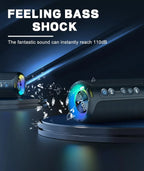 High-power speaker with 'Feeling Bass Shock' text and sound wave graphics on a dark background.