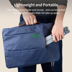 Person holding a blue laptop bag with text about its lightweight and portable nature.