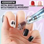Nail polisher being used on a hand with black and white nail design, before and after polishing images shown.