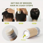 Step-by-step guide on using a hair product to remove broken hair, with close-up shots of application and product packaging.