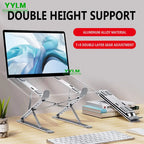 Laptop stand with adjustable height on a desk, featuring YYLM branding.