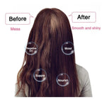 Before and after comparison of hair treatment effects on long, brown hair.