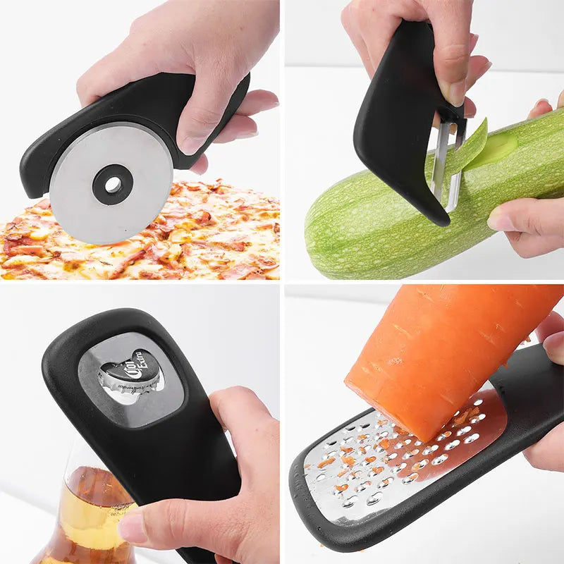 6 Pieces Kitchen Gadgets Set Space Saving Cooking Tools Cheese Grater Bottle Opener Vegetable Peeler Pizza Cutter Garlic Grinder