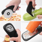 Multifunctional kitchen tool used for pizza, zucchini, bottle, and carrot.