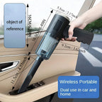 Wireless portable vacuum cleaner with dimensions and text indicating dual use in car and home.