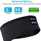 Black Bluetooth headband with battery display on a white background, featuring text about battery life.