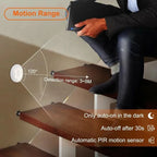 Person sitting on stairs with a motion sensor device, showing detection range and features.