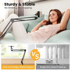 Woman lying on a couch with a stable phone holder, comparing it to a single arm holder.