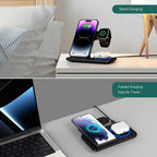 Wireless charging stand with phone, watch, and airpods on a nightstand and desk.