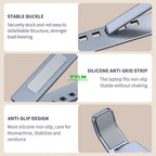 Product features including stable buckle, silicone anti-skid strip, and anti-slip design on a beige background.