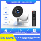 Smart home camera with remote control on a blue background, featuring Magcubic branding.