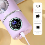Pink portable power bank with digital display on a beige background