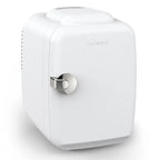 White mini refrigerator with a silver handle on a white background