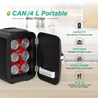 Portable mini fridge with six can capacity on a wooden surface.