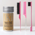 Wax stick container with pink comb and brush on a white background