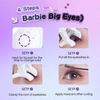 Instructions for applying eyelashes with a heat tool on a purple background