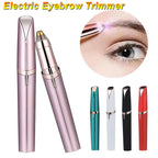 Electric eyebrow trimmer with close-up of use and color options on a white background