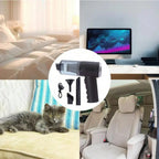Collage of a vacuum cleaner, cat on a couch, and car interior.