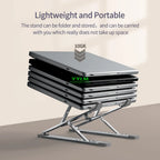 Stack of folded laptops on a stand with 'YYLM' branding, on a beige background.