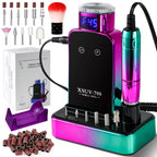 Portable nail drill with attachments and accessories on a white background