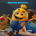 Animated character with vibrant colors and text highlighting image quality.