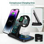 Wireless charging station with smartphone, smartwatch, and earbuds on a white background