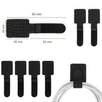 Black cable ties with measurements and a cable being tied together on a white background