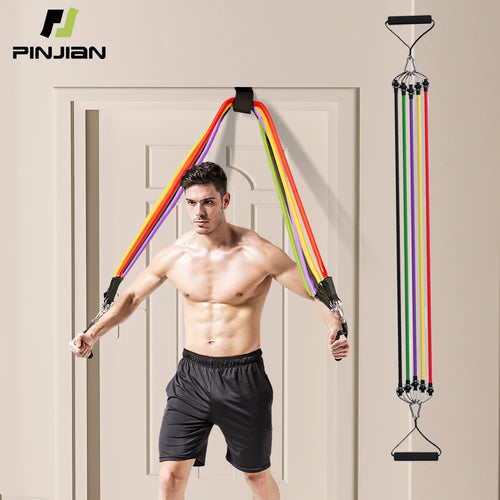 Man using resistance bands with PINJIAN branding on a beige wall background