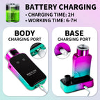 Product with charging ports and battery charging information on a light purple background