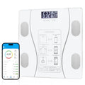 Digital body fat scale with smartphone app interface on a white background