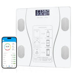 Digital body fat scale with smartphone app interface on a white background