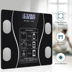 Digital body fat scale with user instructions and sensor features on a blurred background